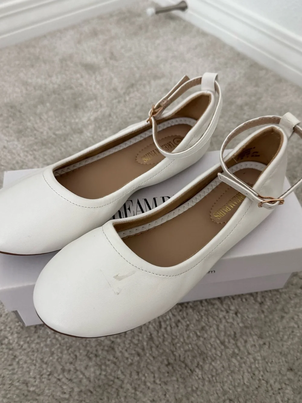 Dream Paris White Ankle-Strap Ballet Flats